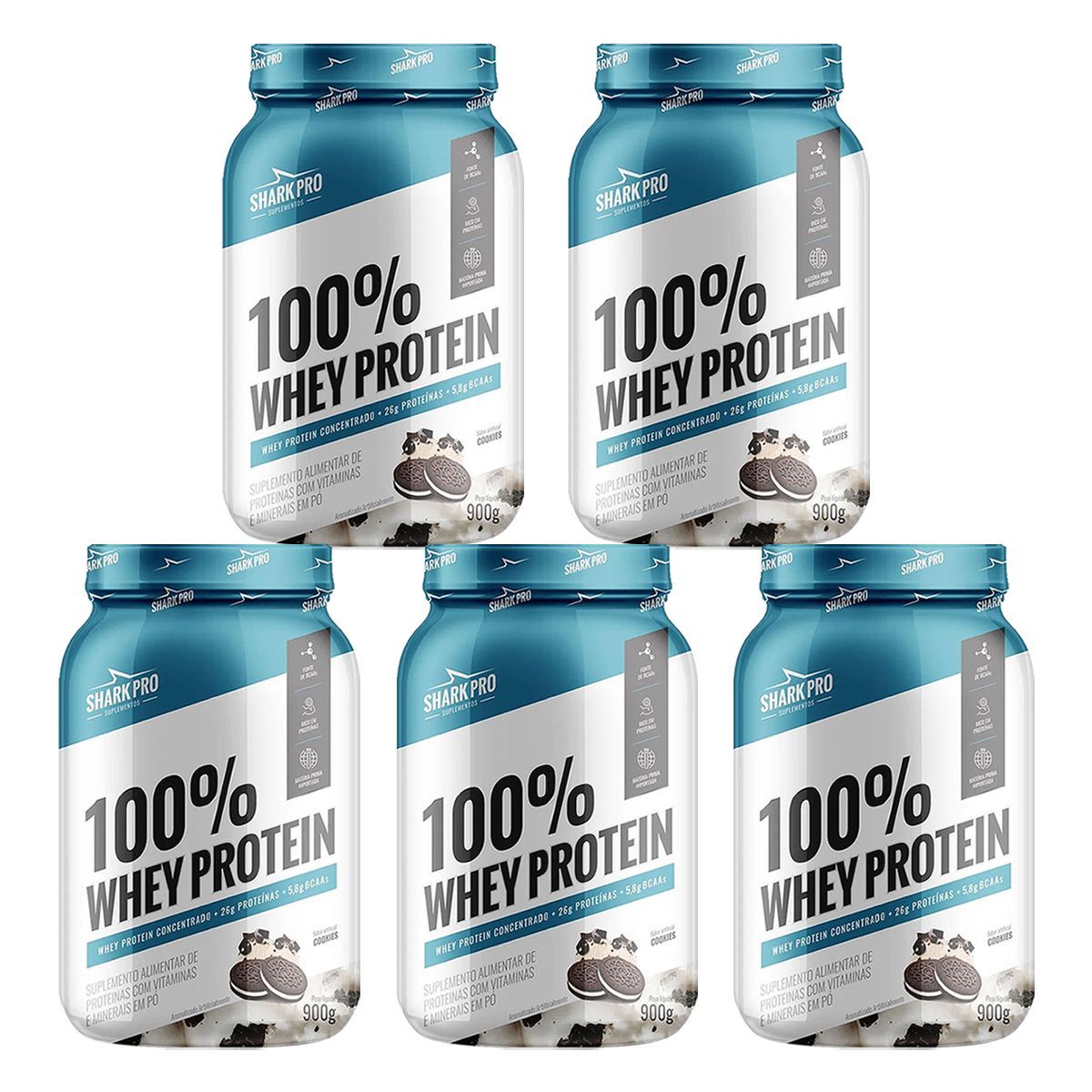 Kit 5X 100% Whey Protein - 900g Cookies - Shark Pro