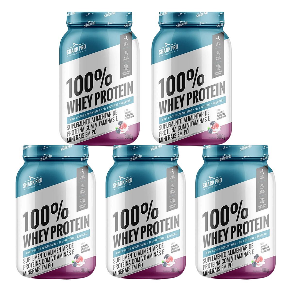 Kit 5X 100% Whey Protein - 900g Iogurte de Frutas Vermelhas - Shark Pro