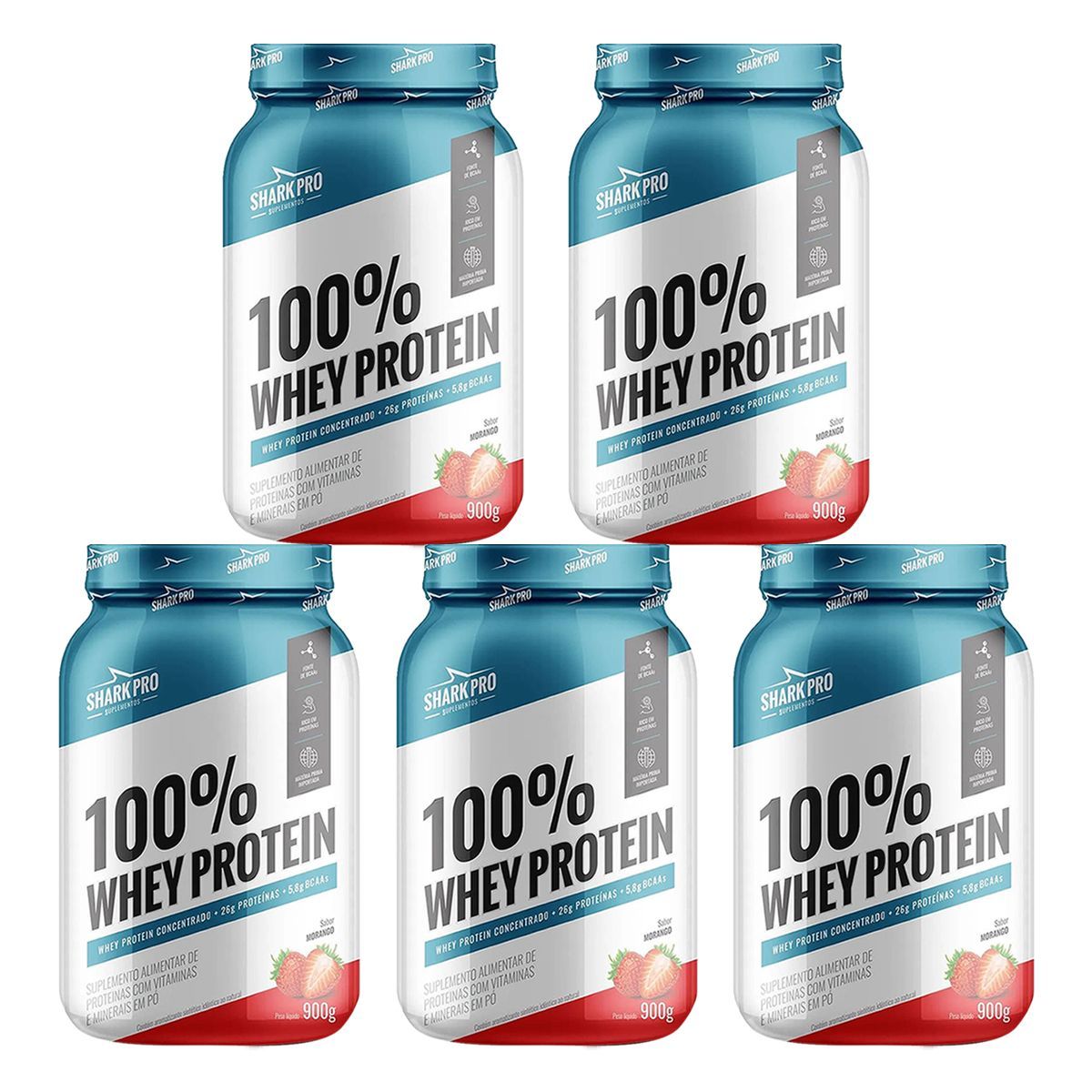 Kit 5X 100% Whey Protein - 900g Morango - Shark Pro