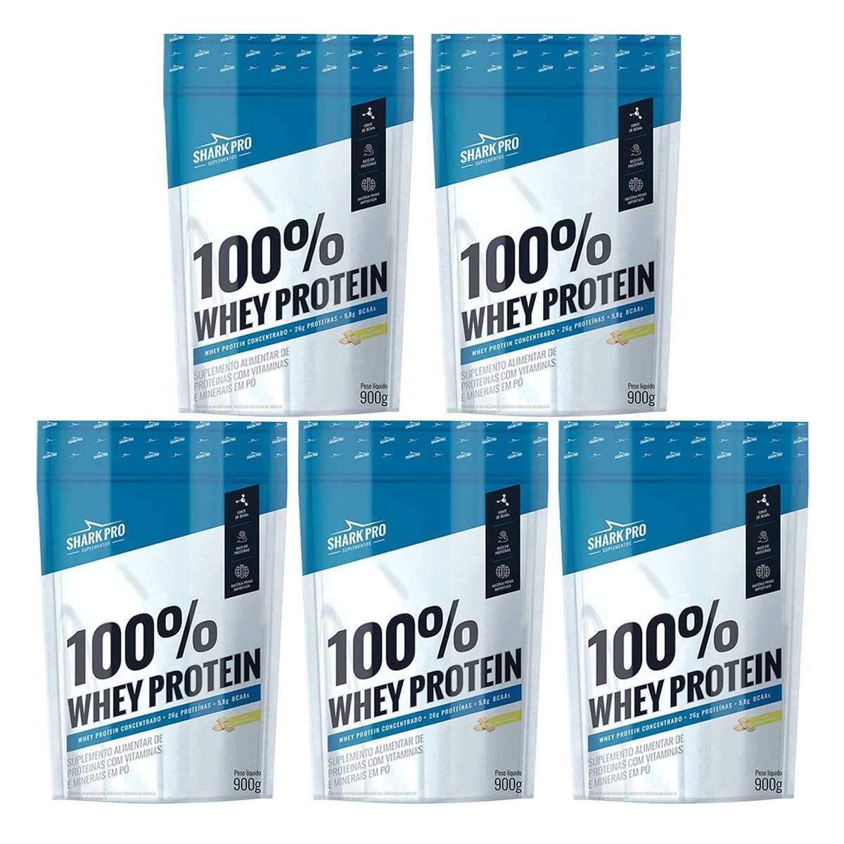 Kit 5X 100% Whey Protein - 900g Refil Chocolate Branco - Shark Pro