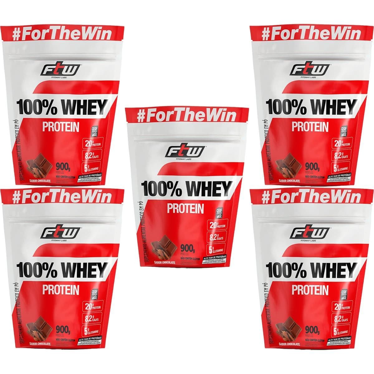 Kit 5X 100% Whey Protein - 900g Refil Chocolate - FTW
