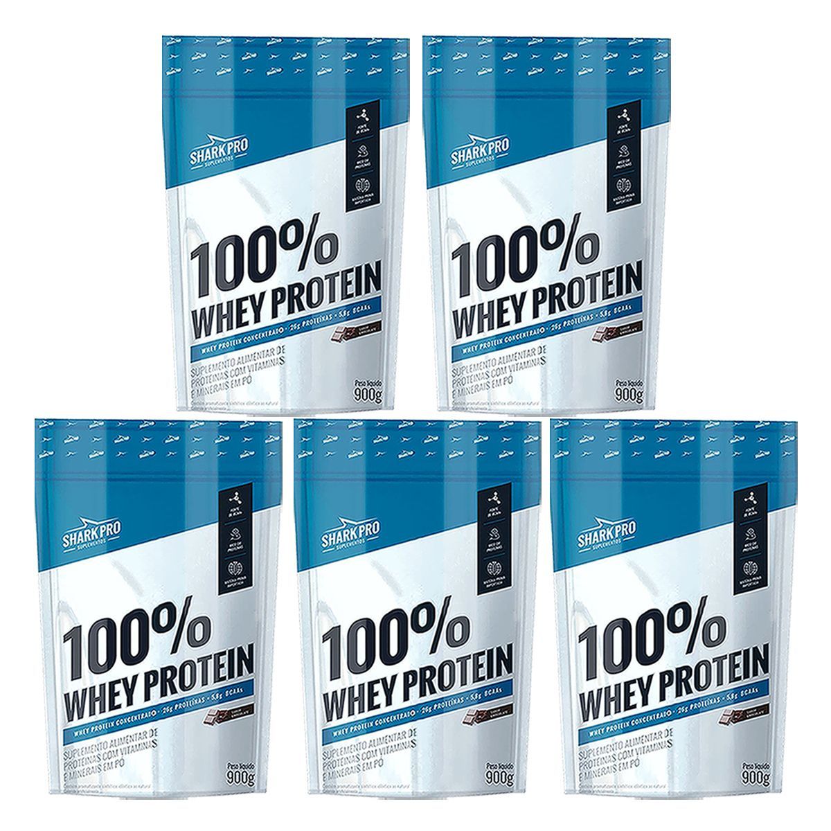 Kit 5X 100% Whey Protein - 900g Refil Chocolate - Shark Pro