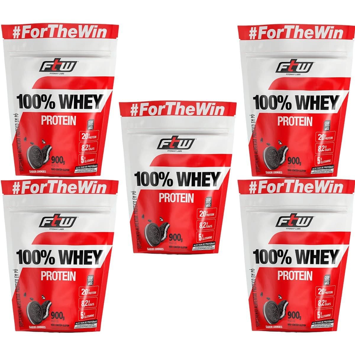 Kit 5X 100% Whey Protein - 900g Refil Coockies - FTW