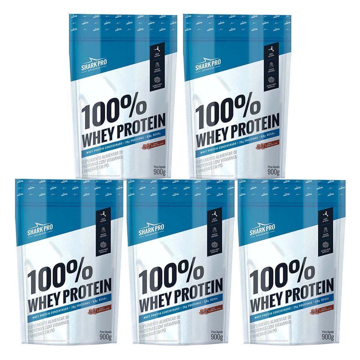 Kit 5X 100% Whey Protein - 900g Refil Doce de Leite - Shark Pro