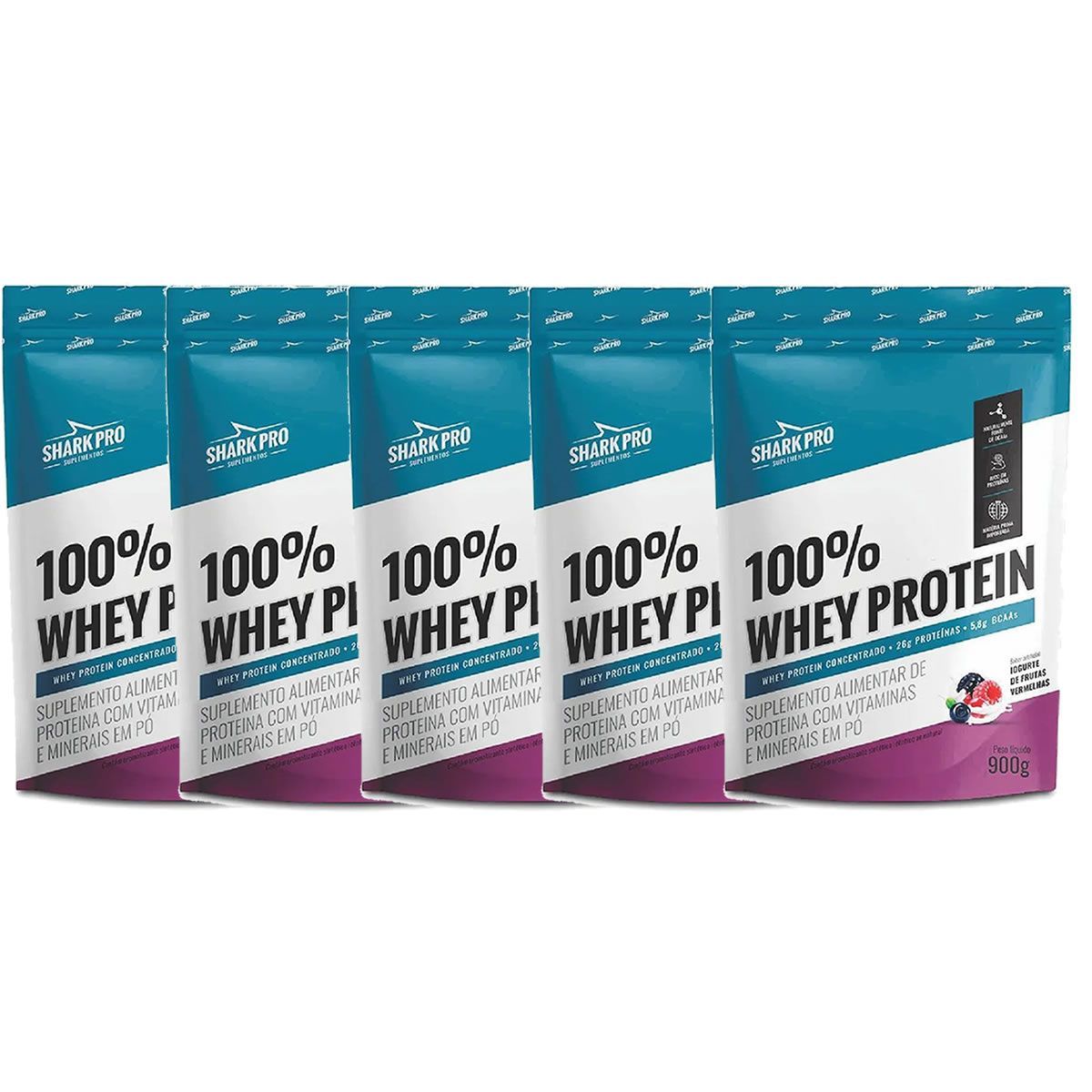 Kit 5X 100% Whey Protein - 900g Refil Iogurte de Frutas Vermelhas - Shark Pro