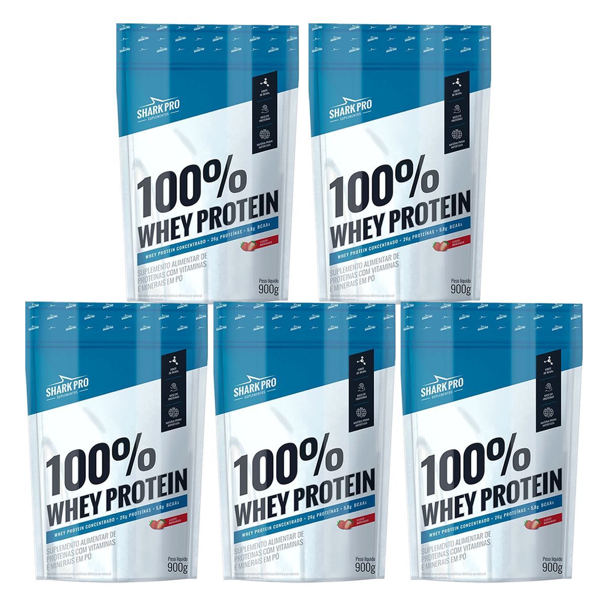 Kit 5X 100% Whey Protein - 900g Refil Morango - Shark Pro