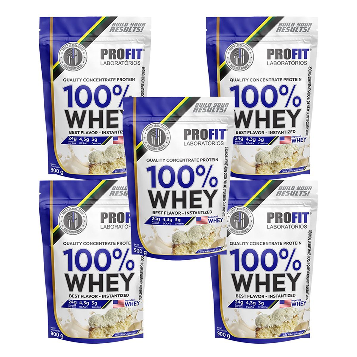 Kit 5X 100% Whey Quality Concentrate Protein - 900g Refil Leite Nino - Profit
