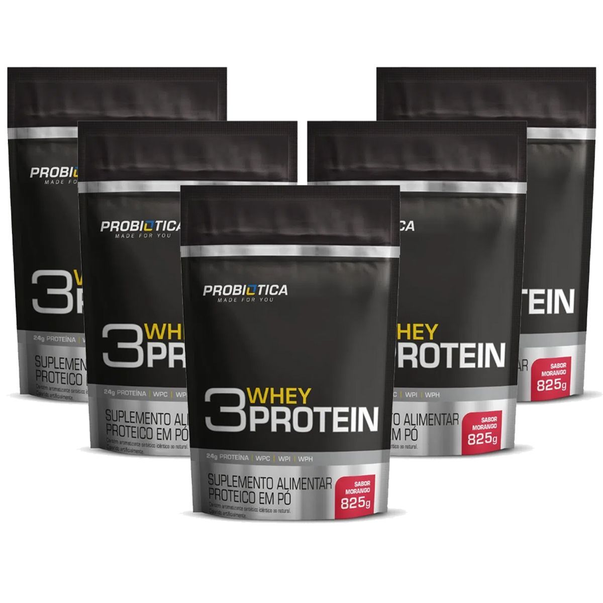 Kit 5X 3 Whey Protein - 825g Morango - Probi�tica