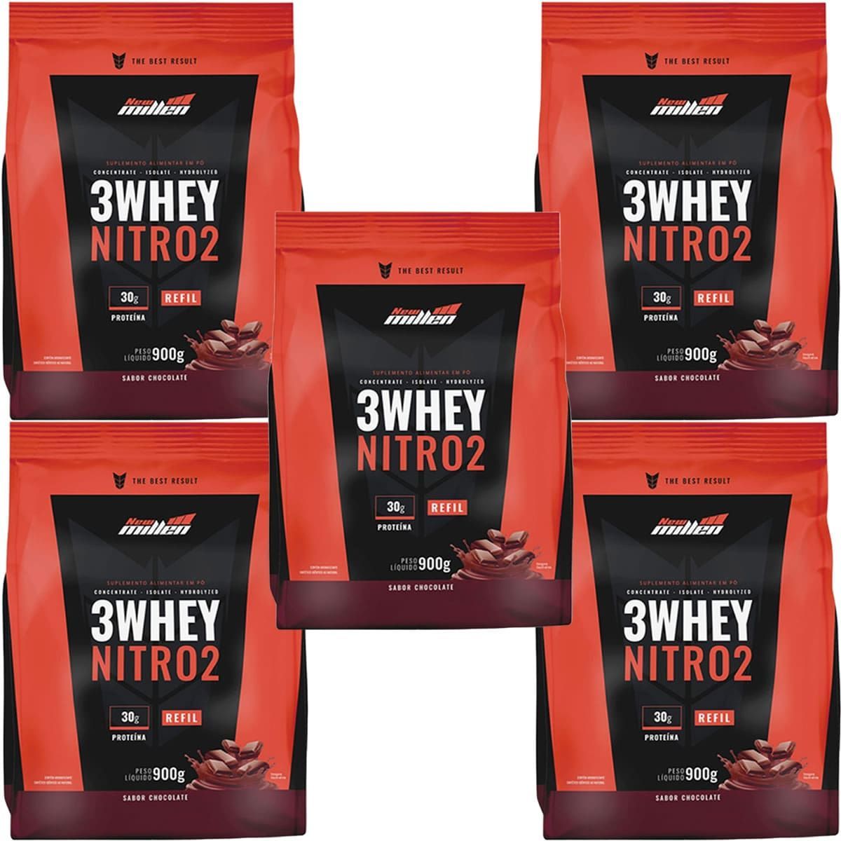 Kit 5X 3Whey Nitro 2 - 900g Refil Chocolate - New Millen