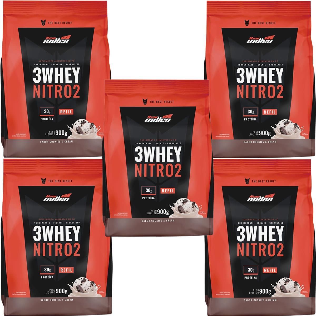 Kit 5X 3Whey Nitro 2 - 900g Refil Cookies e Cream  - New Millen