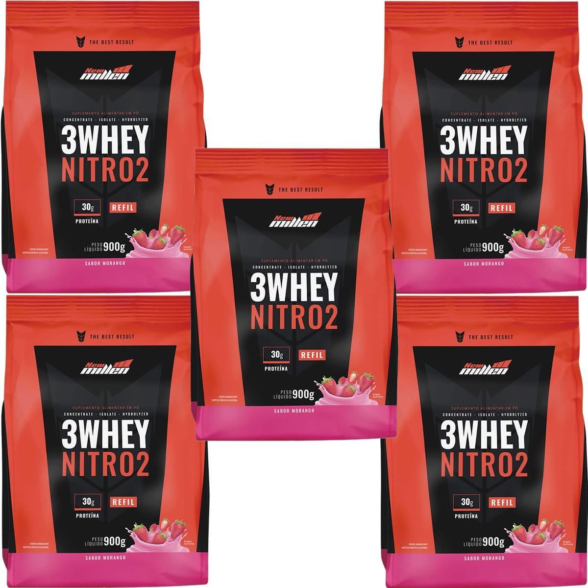 Kit 5X 3Whey Nitro 2 - 900g Refil Morango - New Millen