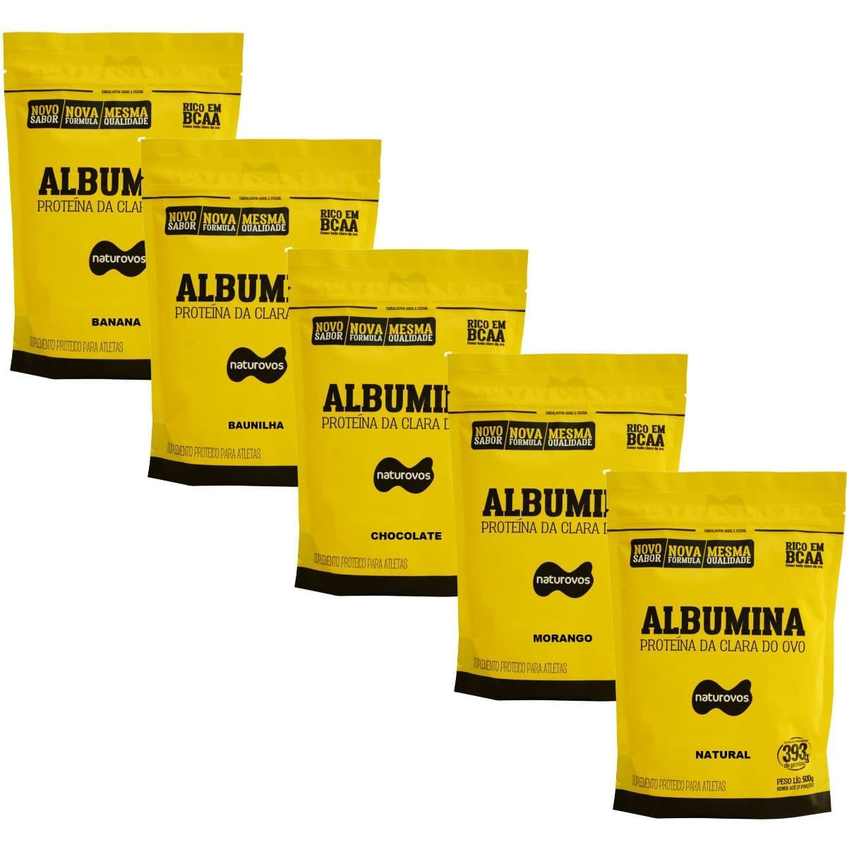 Kit 5X Albumina - 500g Refil Morango, Baunilha, Chocolate, Banana e Natural  - Naturovos