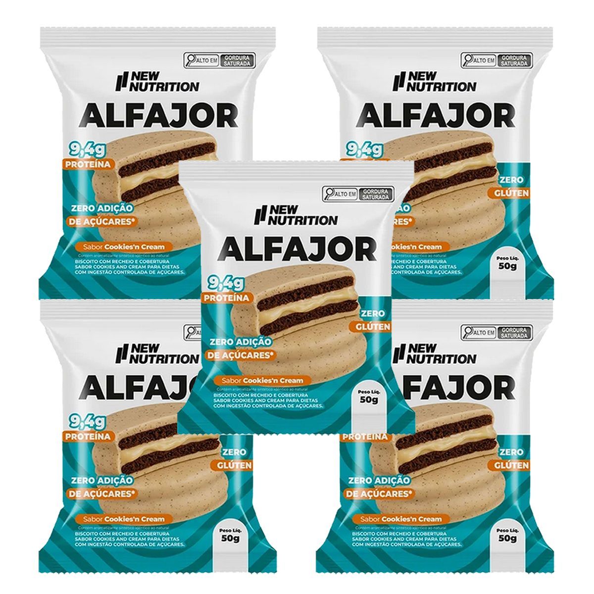 Kit 5X Alfajor Proteico - 1 Unidade 50g Cookies�N Cream - NewNutrition