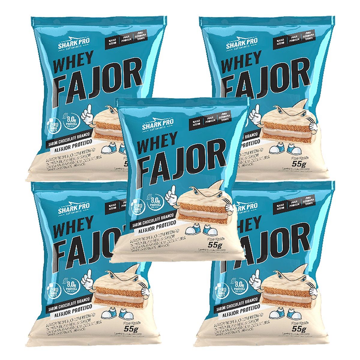 Kit 5X Alfajor WheyFajor - 1 Unidade 55g Chocolate Branco - Shark Pro