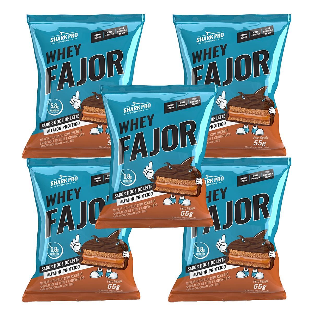 Kit 5X Alfajor WheyFajor - 1 Unidade 55g Doce de Leite - Shark Pro
