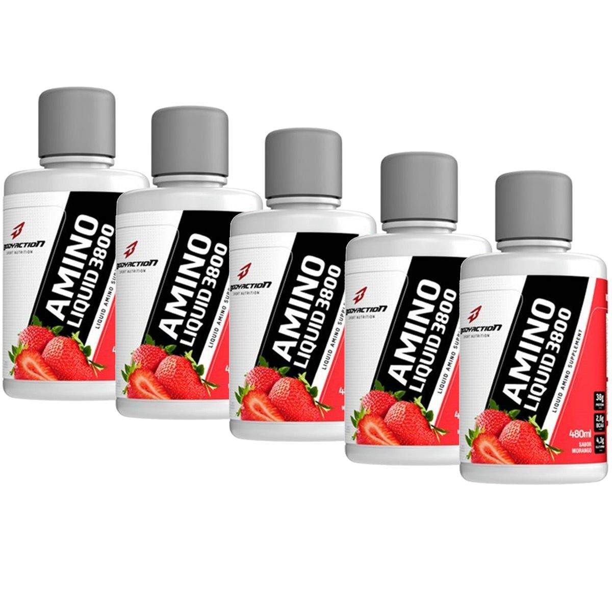 Kit 5X Amino Liquid 3800 - 480ml Morango - BodyAction