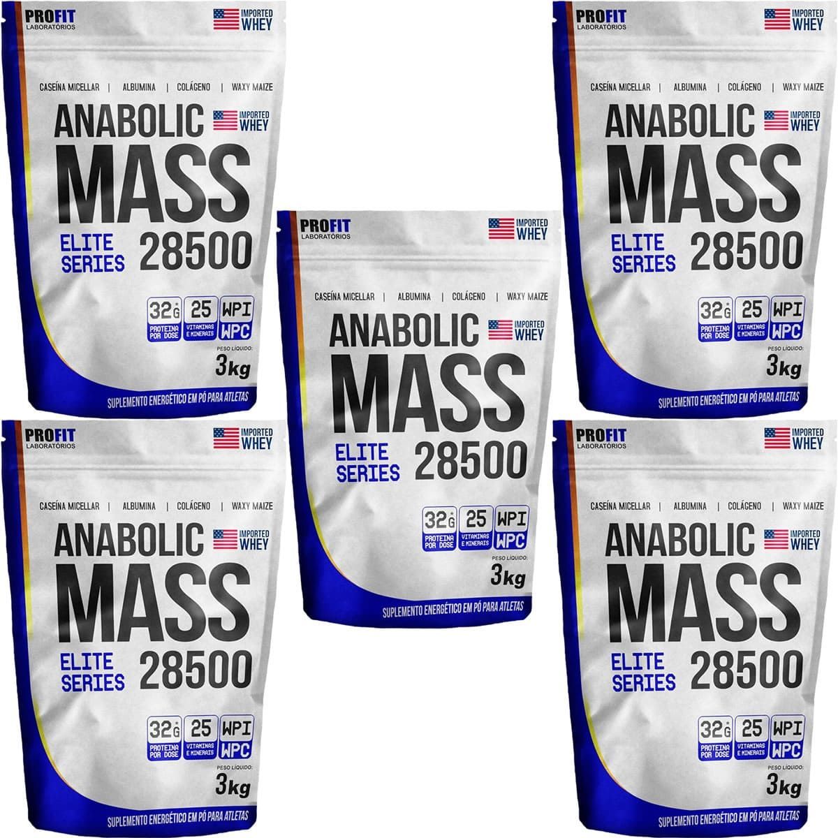 Kit 5X Anabolic Mass 28500 Refil Stand-Up - 3000g Baunilha - ProFit