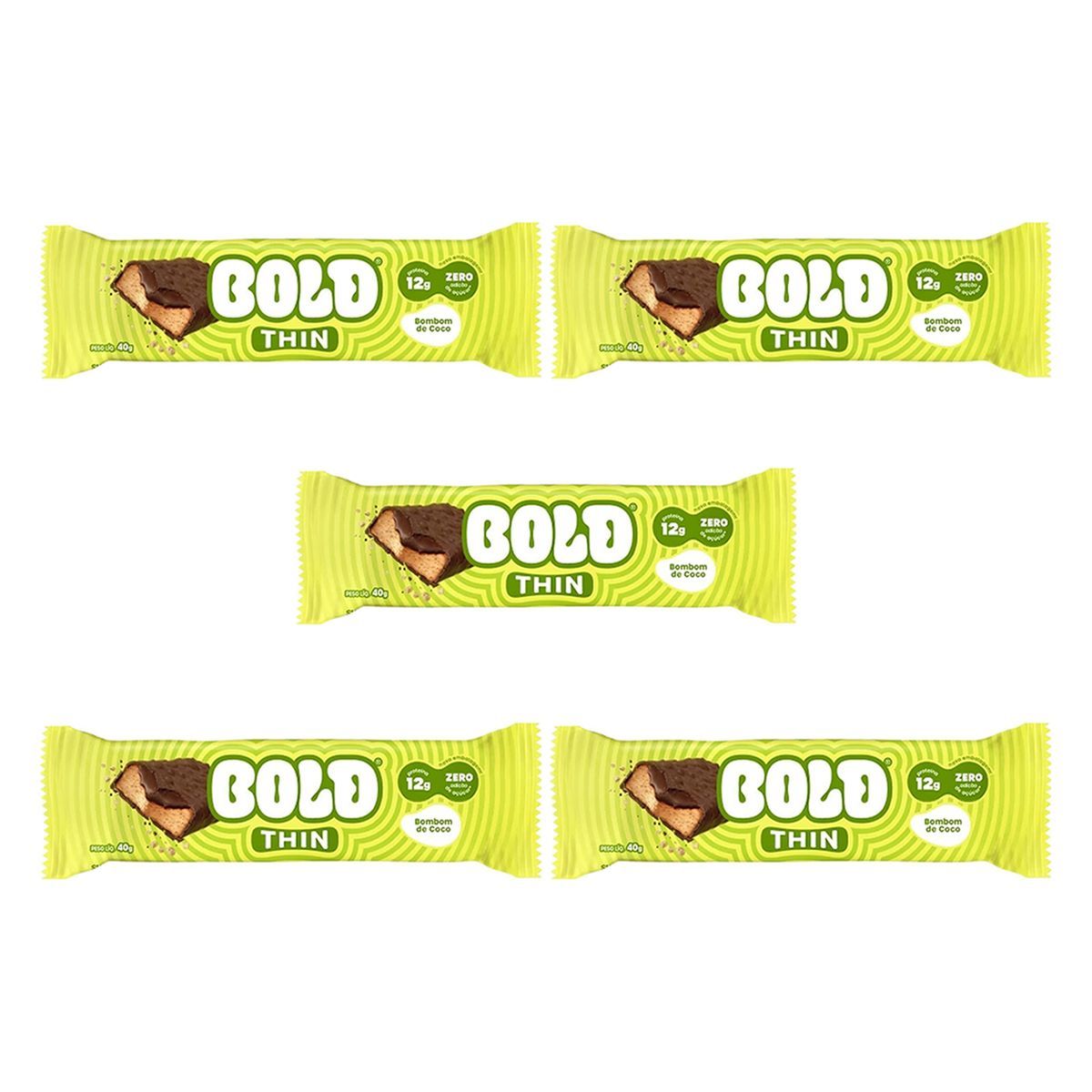 Kit 5X Barra de Proteina Thin - 1 Unidade 40g Bombom de Coco - Bold