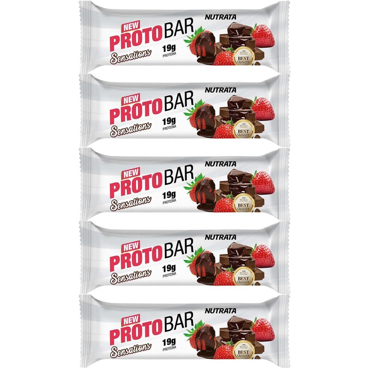 Kit 5X Barra Proto Bar - 1 Unidade de 70g Chocolate Meio Amargo com Recheio de Morango - Nutrata