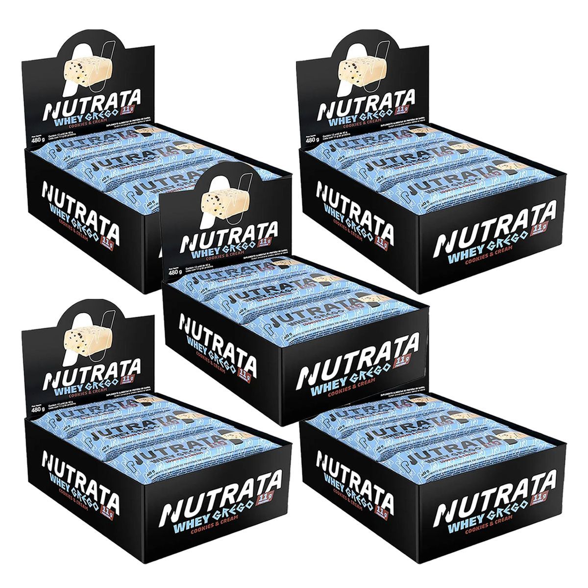 Kit 5X Barra Whey Grego Bar - 12 Unidades 40g Cookies and Cream - Nutrata