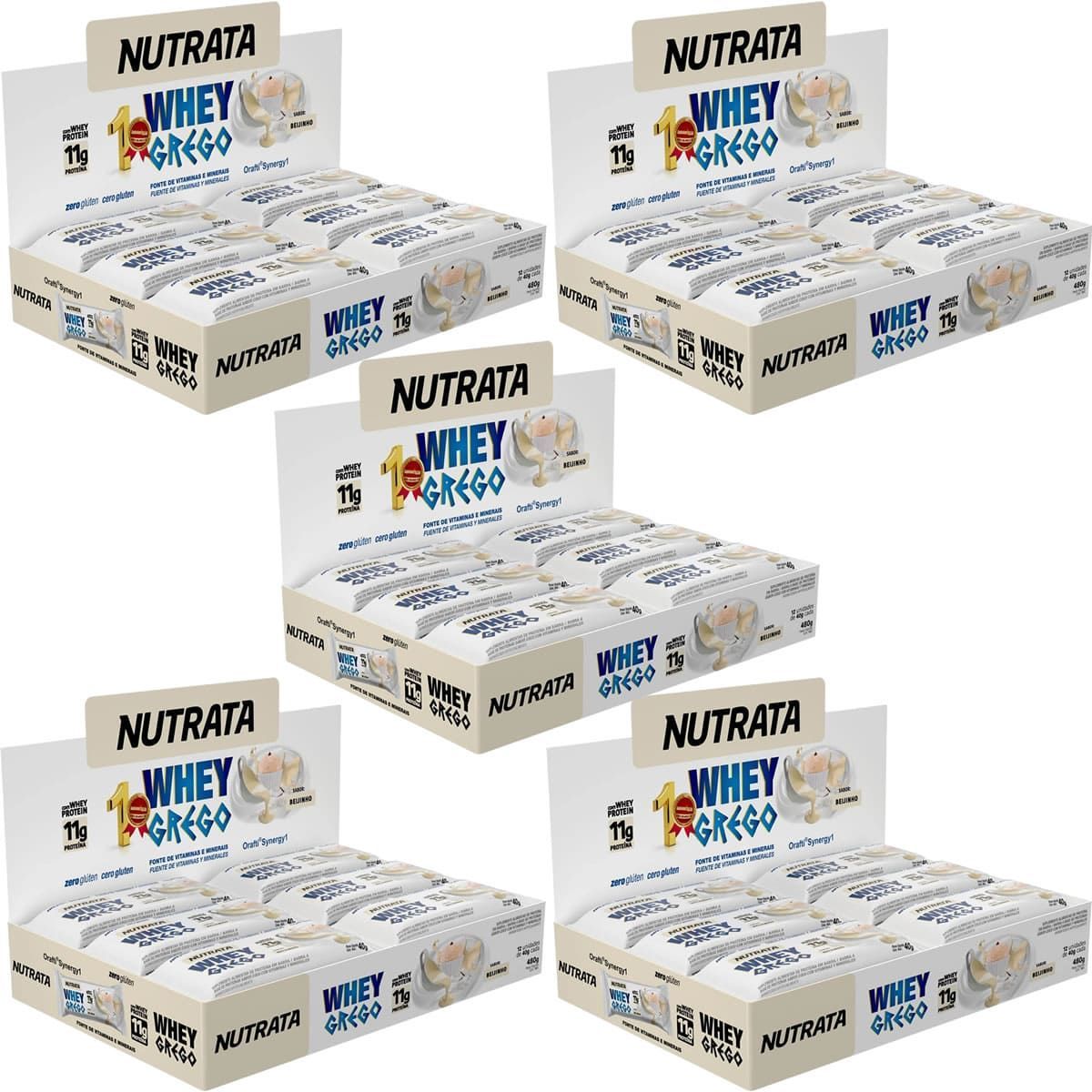 Kit 5X Barra Whey Grego Bar - 12 Unidades de 40g Beijinho - Nutrata