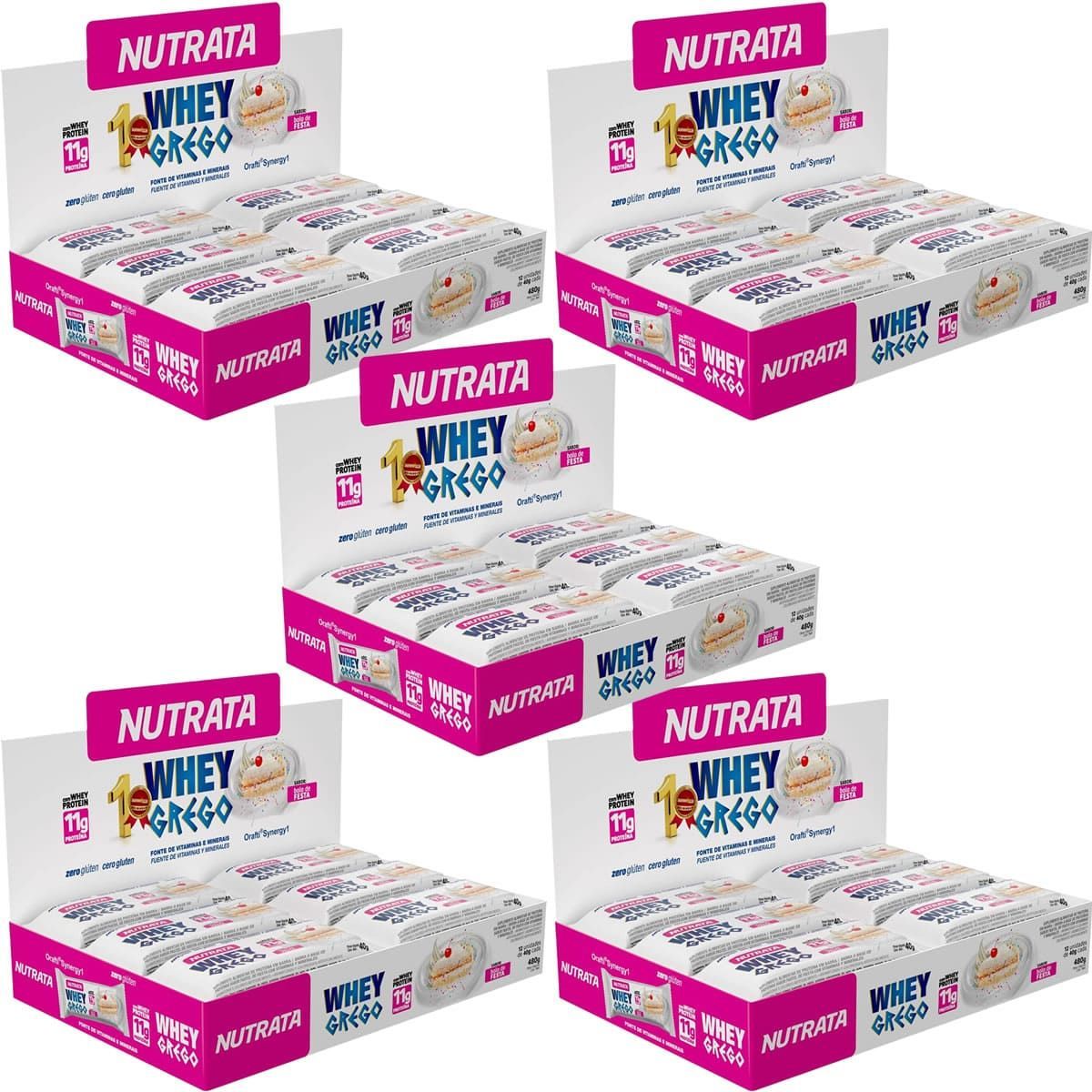 Kit 5X Barra Whey Grego Bar - 12 Unidades de 40g Bolo de Festa - Nutrata