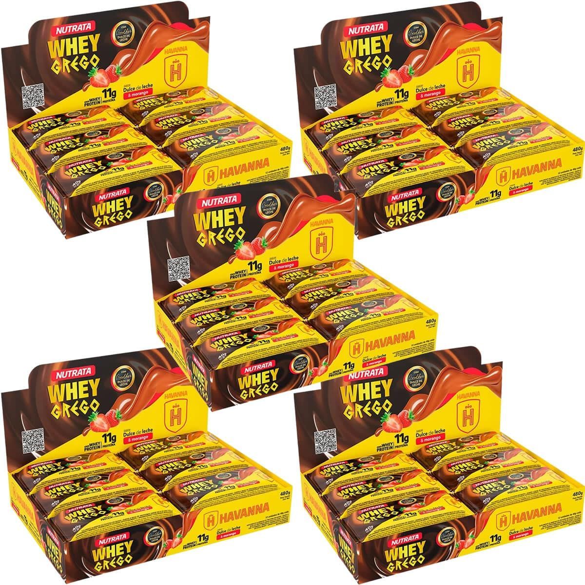 Kit 5X Barra Whey Grego Bar - 12 Unidades de 40g Dulce de Leche Havanna e Morango - Nutrata