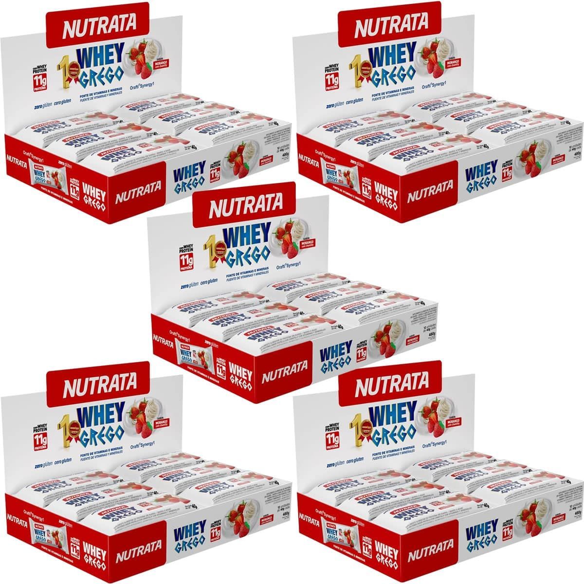 Kit 5X Barra Whey Grego Bar - 12 Unidades de 40g Morango com Chantilly - Nutrata
