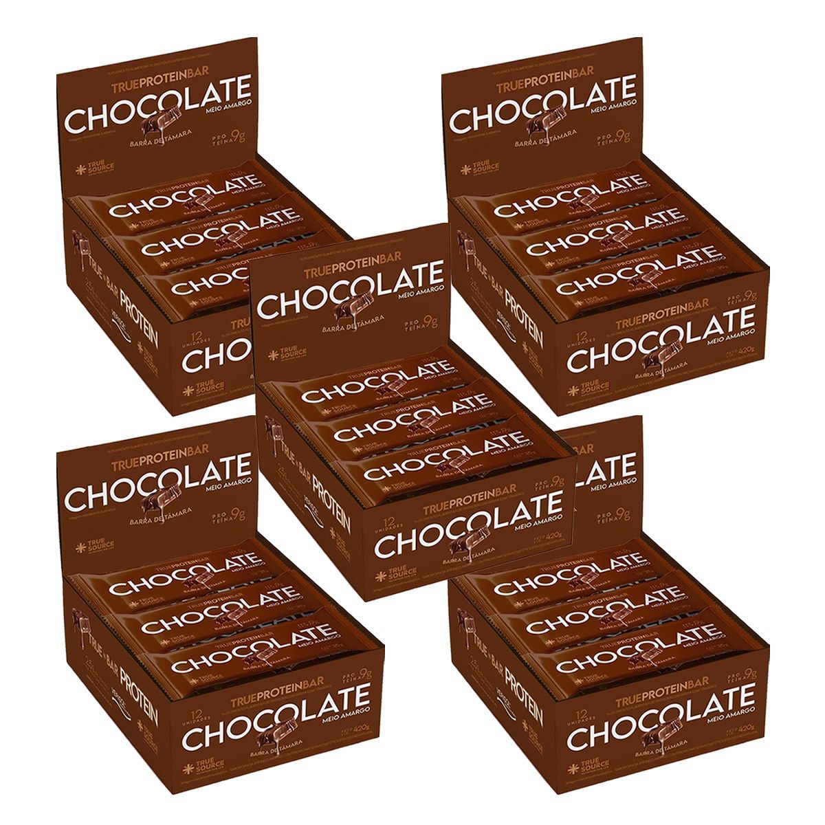 Kit 5X Barrinha de T�mara True Bar Protein - 12 Unidades de 35g Chocolate Meio Amargo - True Source