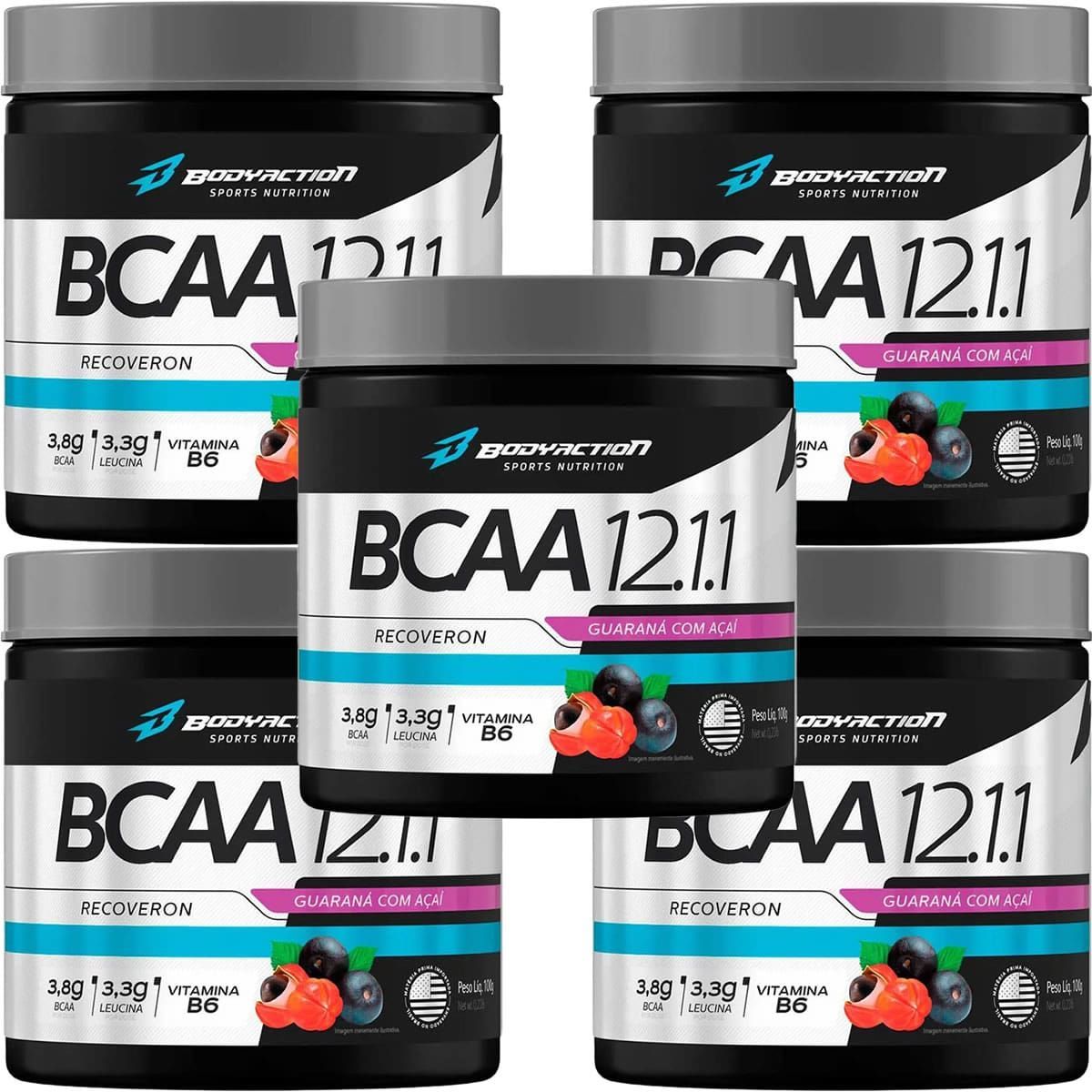 Kit 5X BCAA 12:1:1 Recoveron - 100g A�a� c/ Guaran� - BodyAction