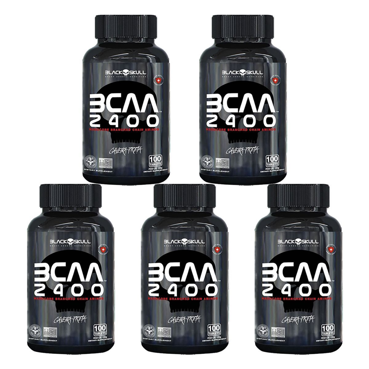 Kit 5X BCAA 2400 Caveira Preta - 100 Tabletes  - Black Skull
