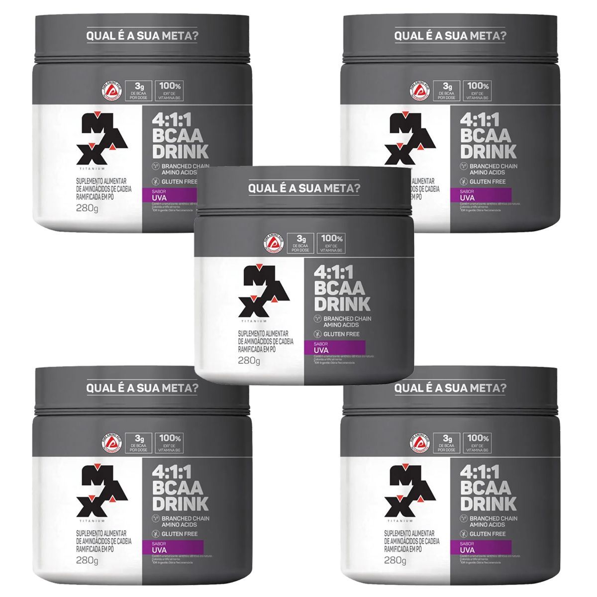 Kit 5X BCAA 4:1:1 - 280g Drink Uva - Max Titanium