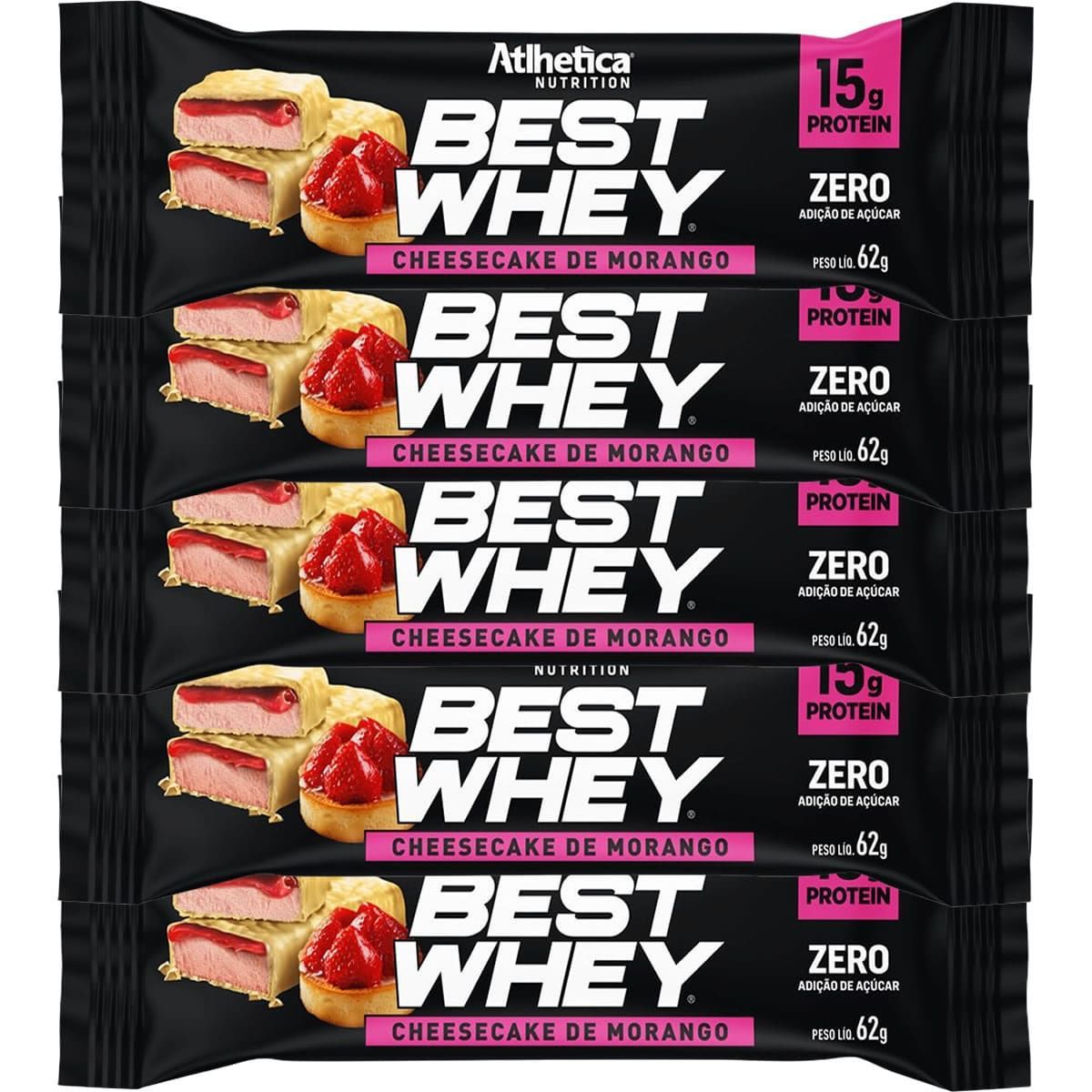 Kit 5X Best Whey Bar - 1 Unidade 62g Cheesecake de Morango Atlhetica Nutrition
