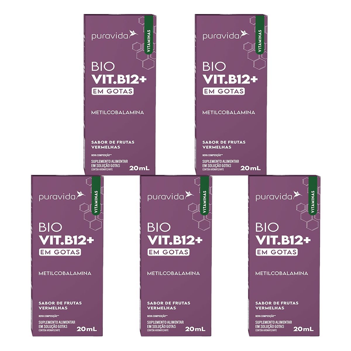 Kit 5X Bio Vit B12+ Nova Composi��o - 20ml Frutas Vermelhas - Puravida