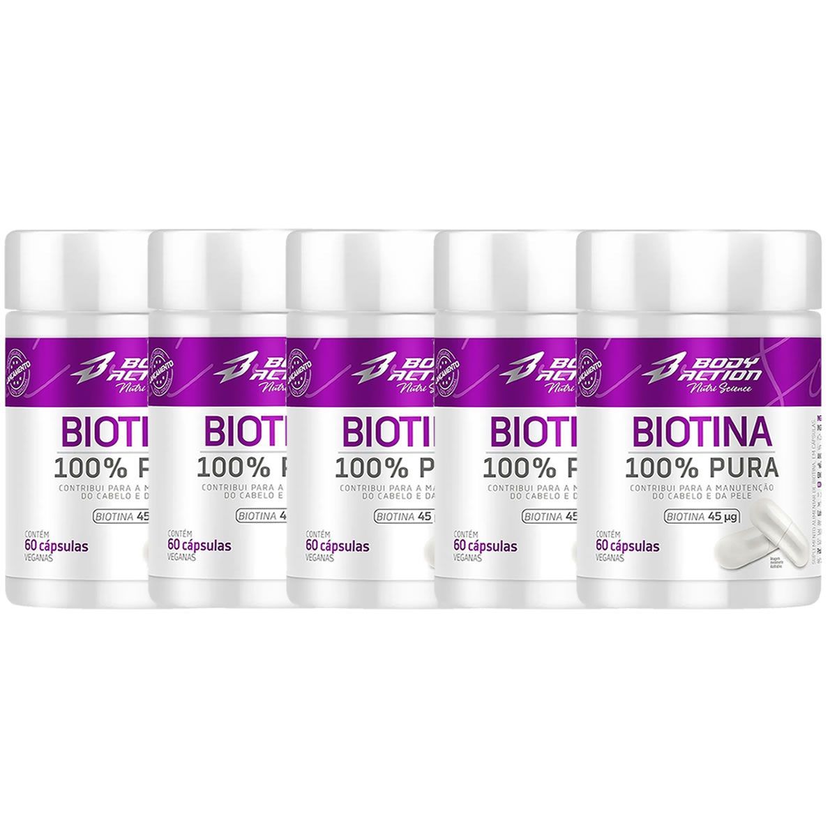 Kit 5X Biotina 100% Pura - 60 C�psulas - Body Action