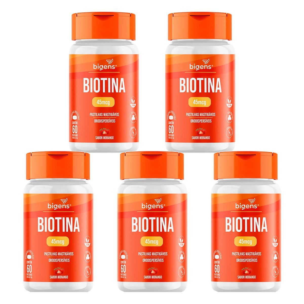 Kit 5X Biotina Mastigavel - 60 Pastilhas Morango - Bigens