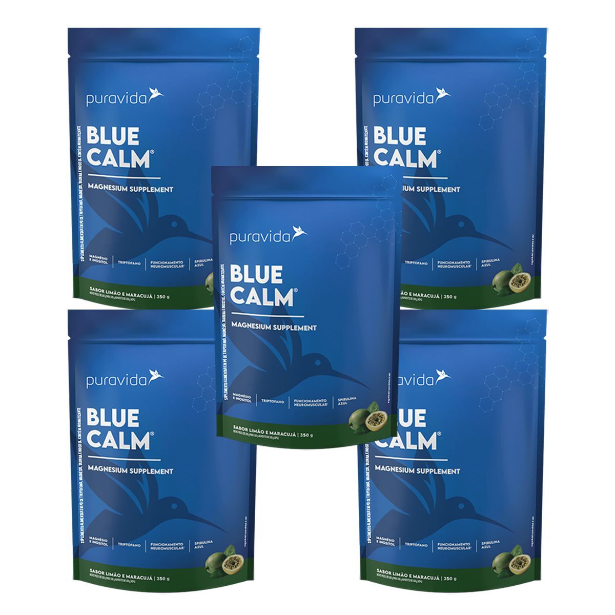 Kit 5X Blue Calm Magnesium Supplement - Refil 350g Lim�o e Maracuj� - Pura Vida