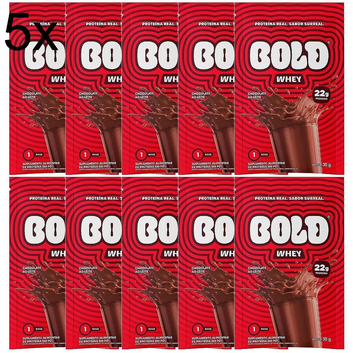 Kit 5X Bold Whey - 10 Sach�s 30g Chocolate ao Leite - Bold