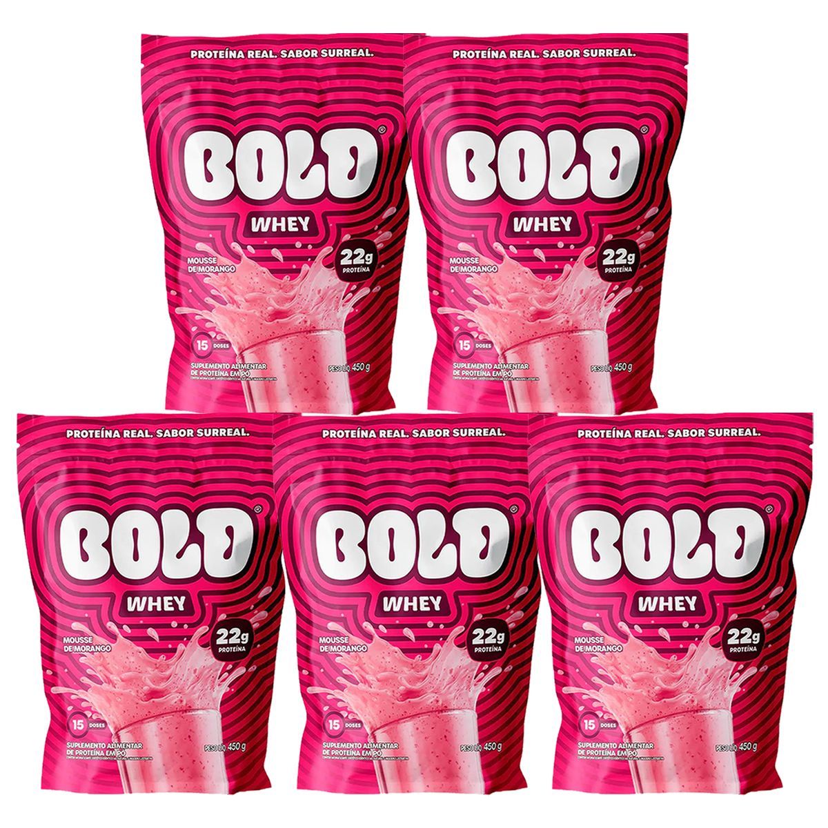 Kit 5X Bold Whey - 450g Refil Mousse de Morango - Bold