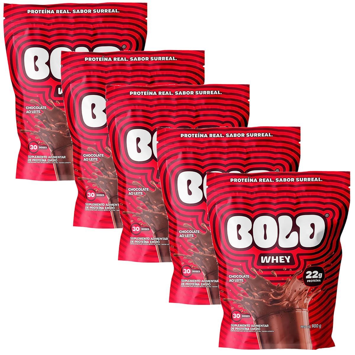 Kit 5X Bold Whey - 900g Refil Chocolate ao Leite - Bold
