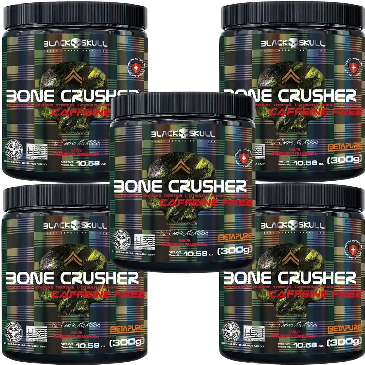 Kit 5X Bone Crusher Caffeine Free - 300g Framboesa - Black Skull