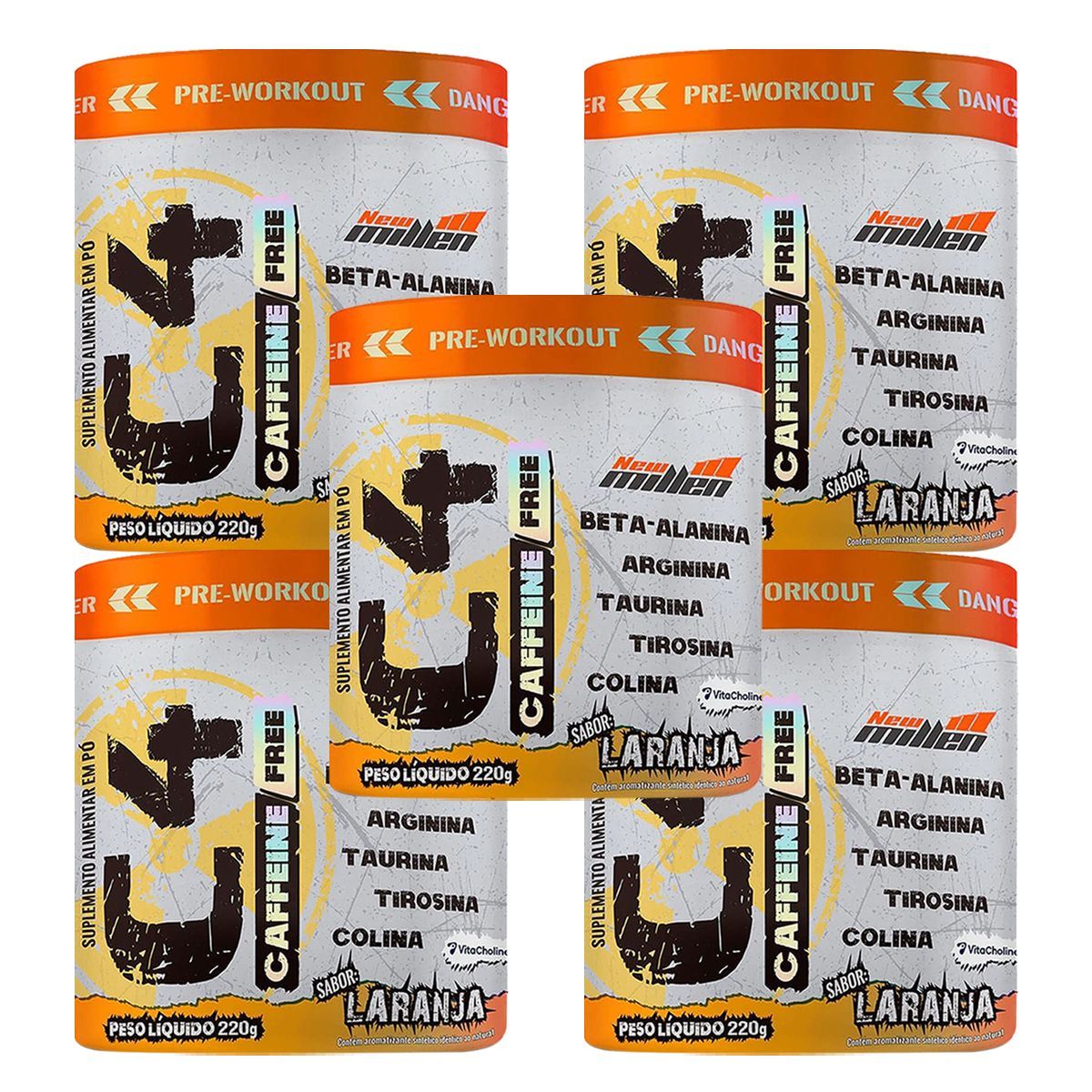 Kit 5X C4 Caffeine Free com Colina - 220g Laranja - New Millen