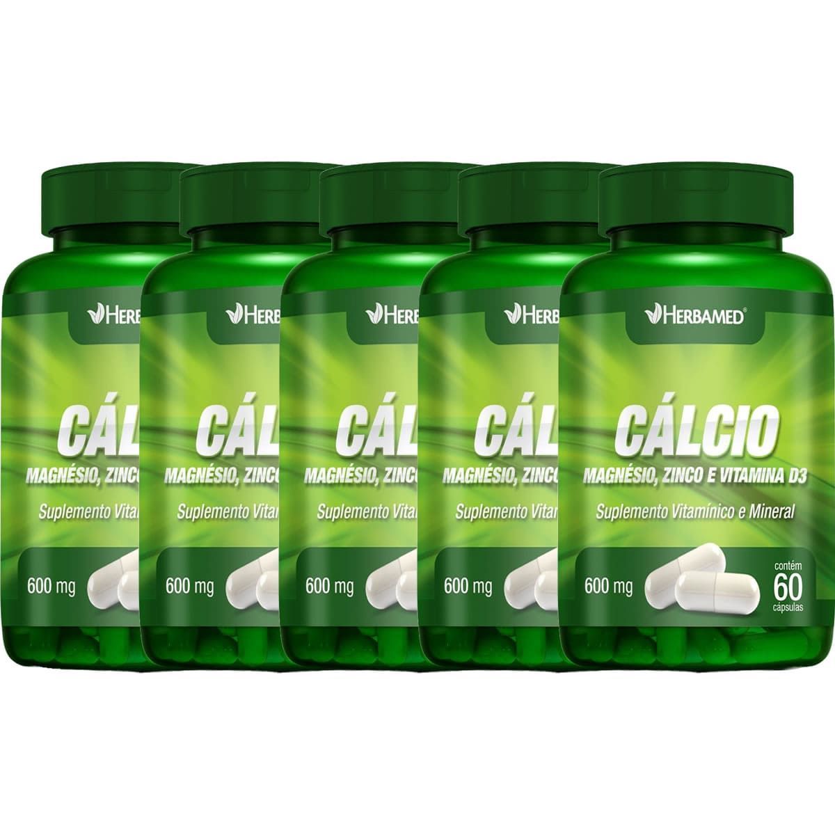Kit 5X Calcio, Magnesio, Zinco E. Vit D3 600mg 60cps - Herbamed
