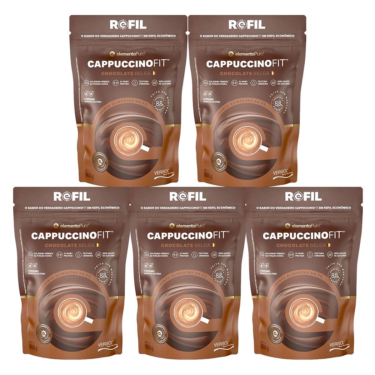 Kit 5X CappuccinoFit - 600g Refil Chocolate Belga - ElementoPuro