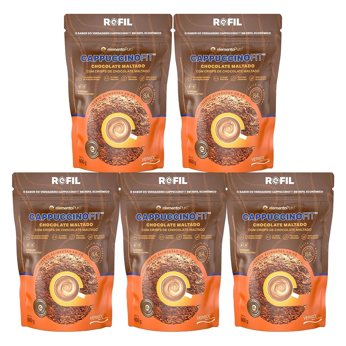 Kit 5X CappuccinoFit - 600g Refil Chocolate Maltado - ElementoPuro