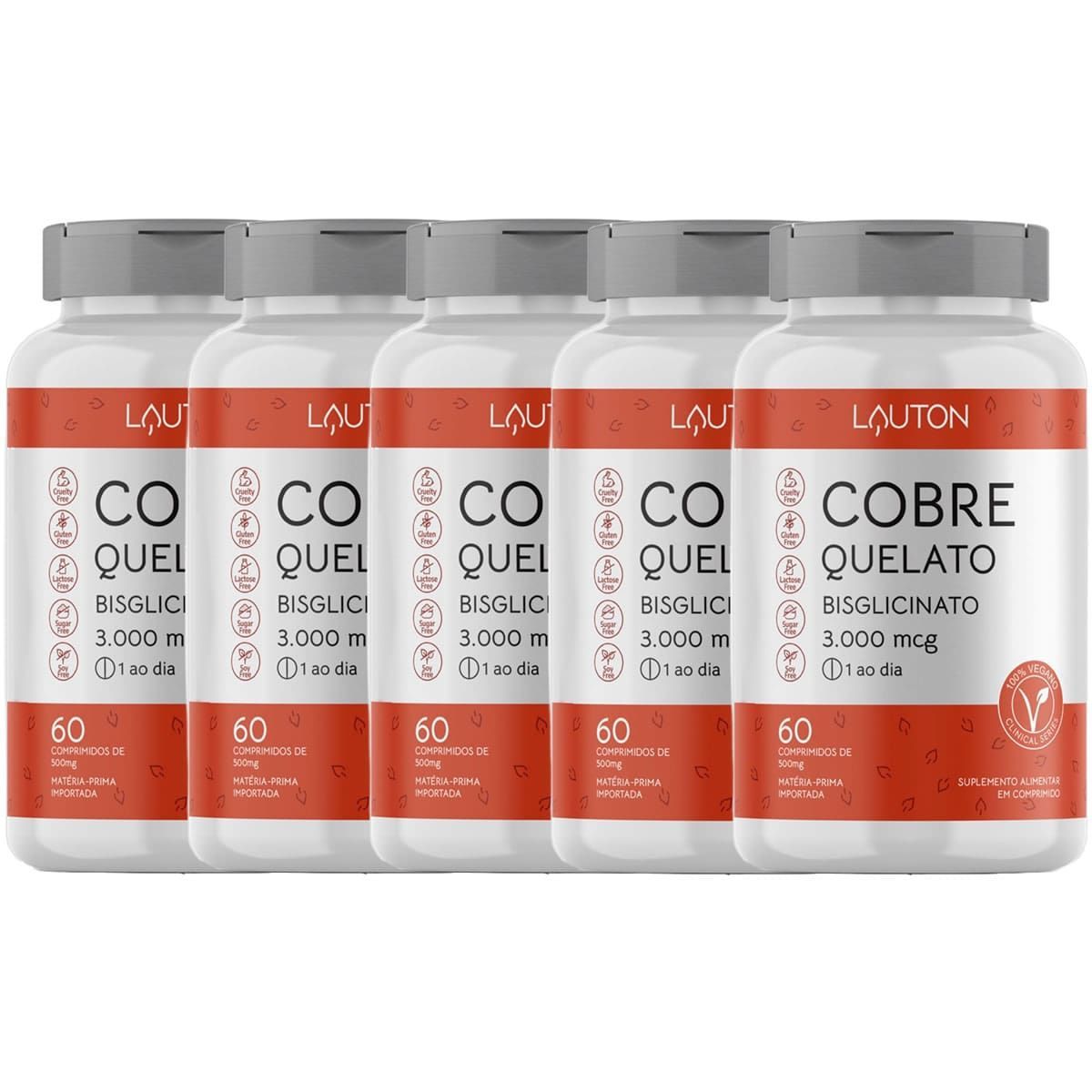 Kit 5X Cobre Quelato Bisglicinato - 60 Comprimidos - Lauton Nutrition