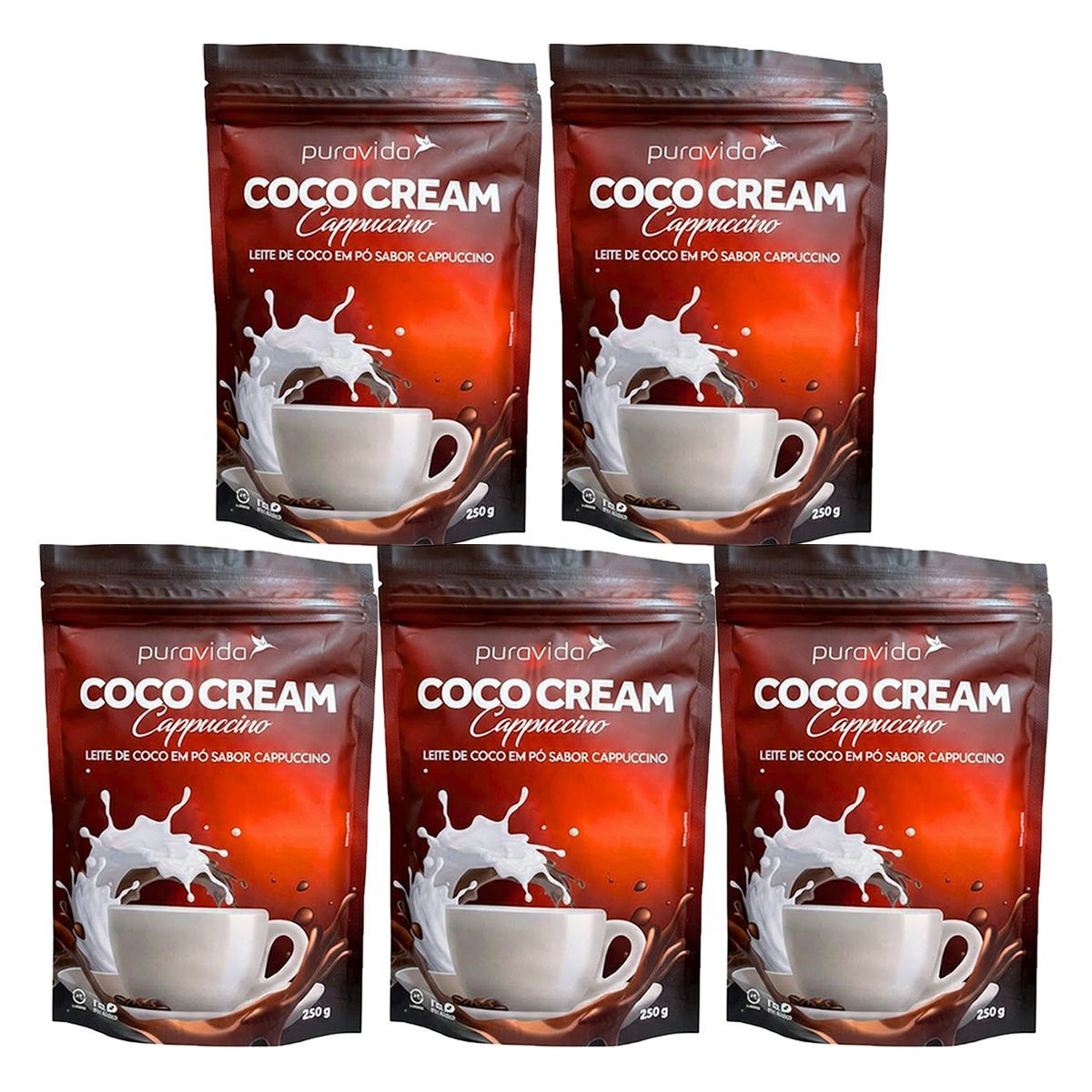 Kit 5X Coco Cream Leite de Coco em P� - 250g Cappuccino - Puravida