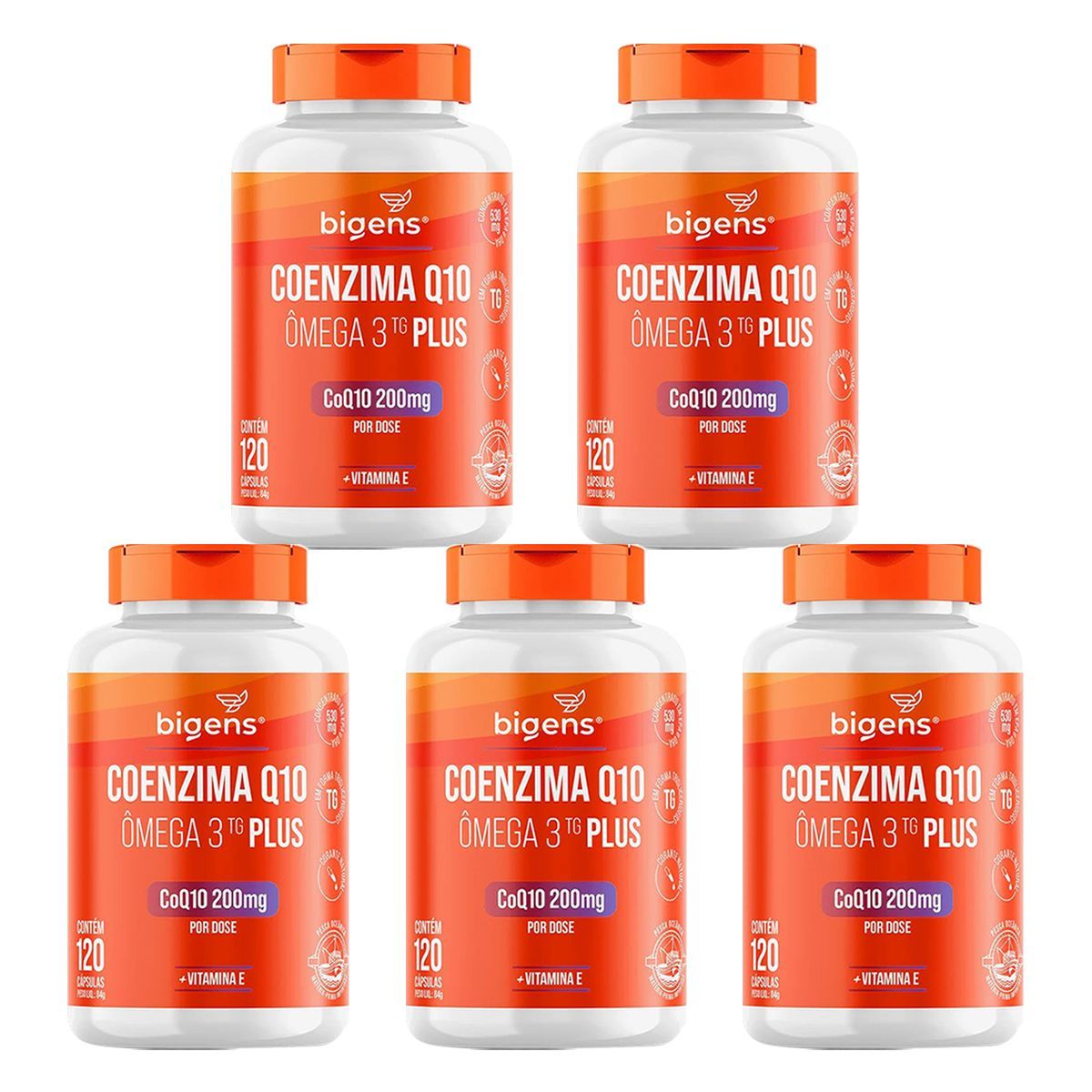 Kit 5X Coenzima Q10 200mg + Omega 3 - 120 C�psulas - Bigens