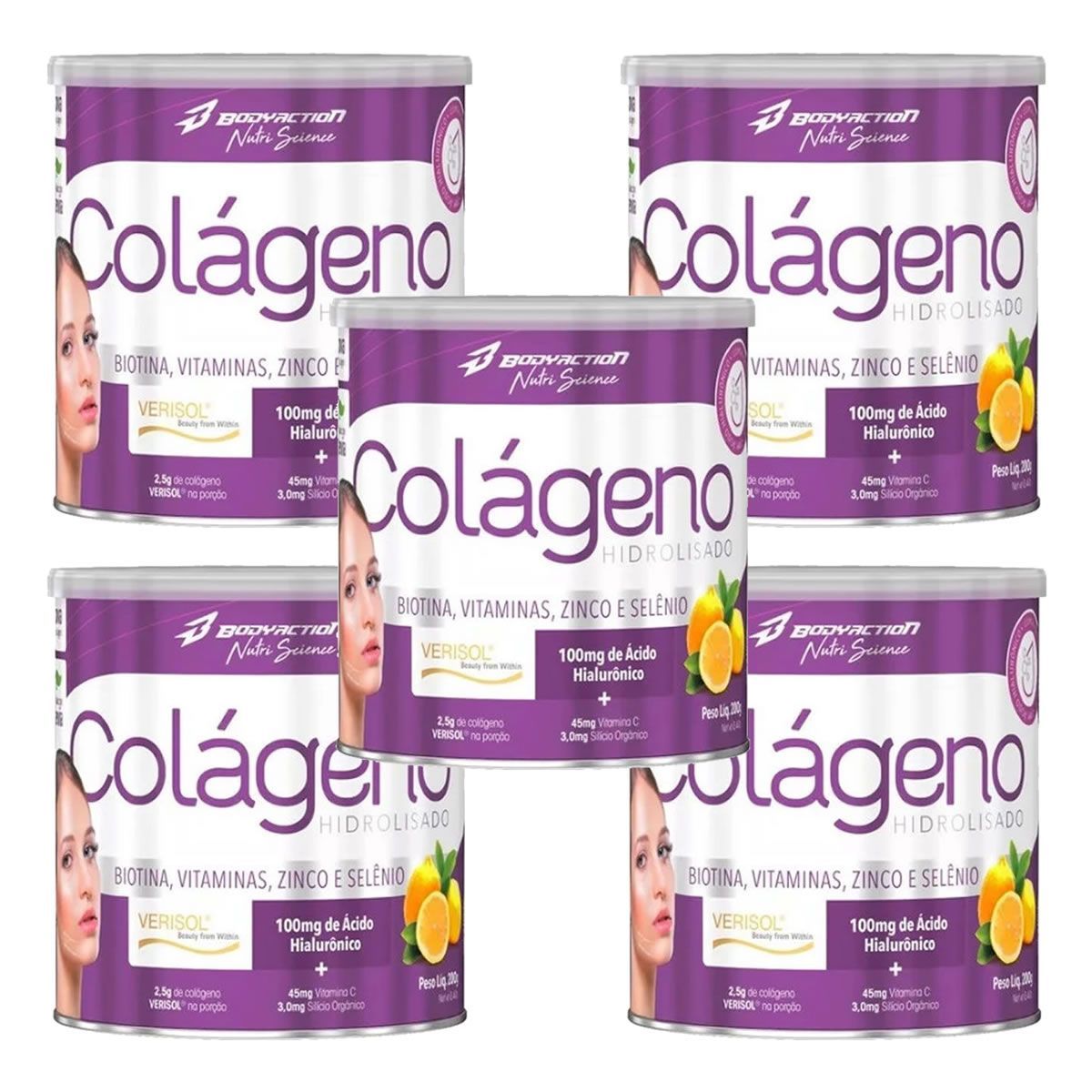 Kit 5X Col�geno Hidrolisado Nutri Science - 200g Lim�o com Clorofila - BodyAction