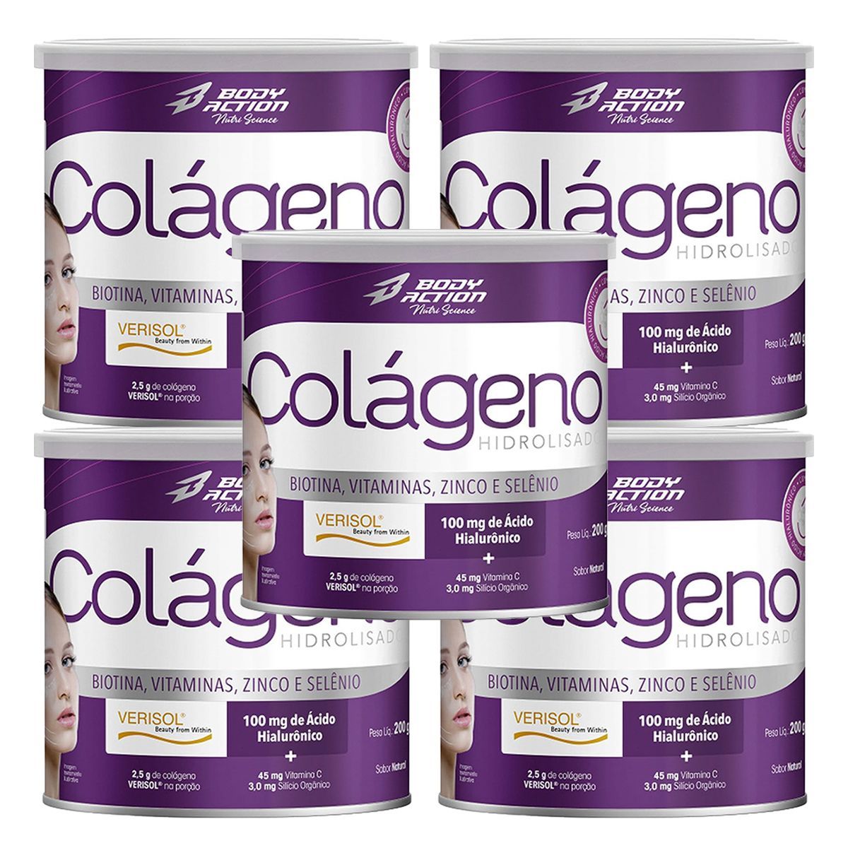 Kit 5X Col�geno Hidrolisado Nutri Science - 200g Natural - BodyAction